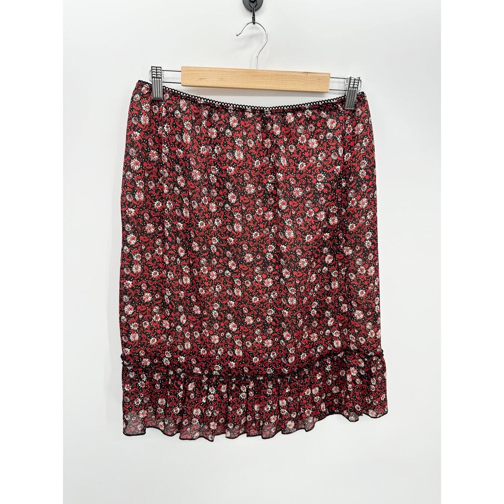 VTG Red Microfloral Short Skirt 90s Y2K Ruffle‎ Stretch Waist Juniors Medium 7/9
